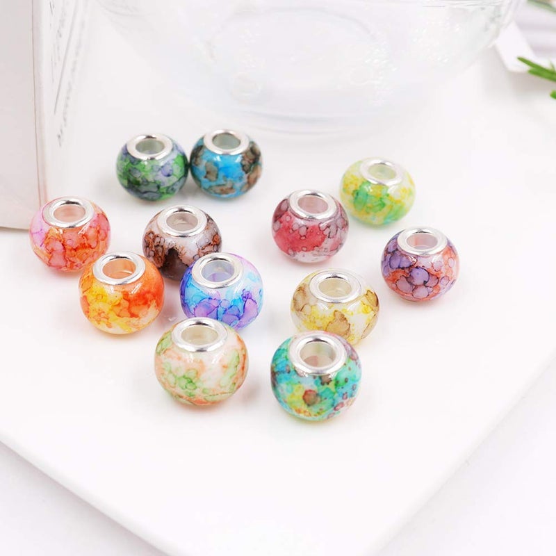AIPRIDY 100Pcs 15x11mm Painting Murano Large Hole Glass Beads Mix Color with Silver Brass Cores European Charm fit Bracelet Necklace (Watercolor Effect OPEC White Glass) - Image 2